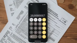 أوراق الضرائب وآلة حاسبة