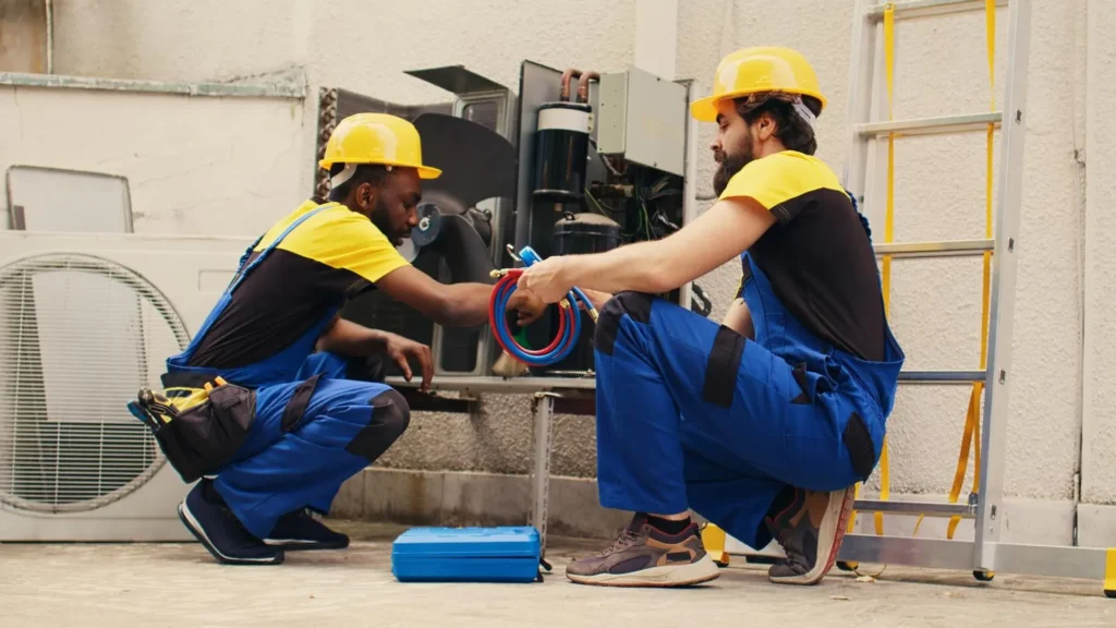 فنيان يتدربان على صيانة جهاز تكييف، تدريب العاطلين في أونتاريو عبر Better Jobs Ontario
