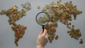 عملات معدنية على شكل خريطة العالم تمثل تحويل الأموال من كندا إلى الدول العربية
